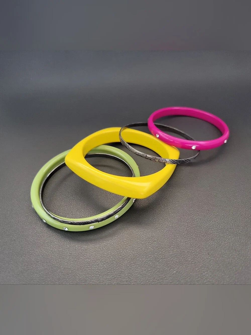 5 Pc Colorful Acrylic & Etched Metal Bangle Bracelet Stack Y2K Boho Retro